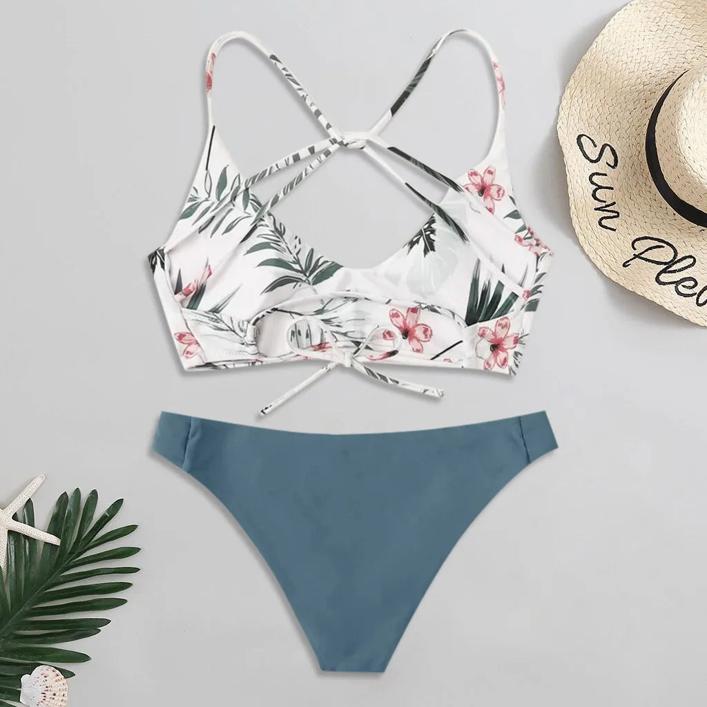 Floral Print Cross Back 2 Piece Swimsuit